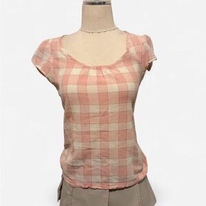 H&M Pink and Cream Plaid Scoop Neck Short Sleeve Tee